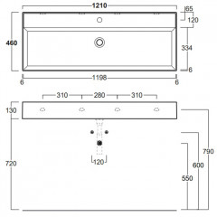 SIMAS AGILE Раковина подвесная 121х46 см, с переливом, с 1 отв под смеситель,цвет белый